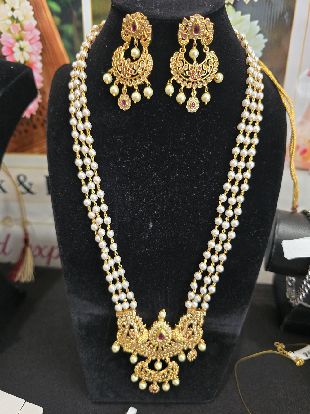 Gold and Pearl Multi-Strand Necklace Set with Earrings